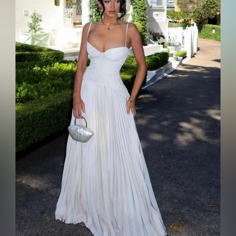 Fashion Nova Daniella Lace Corset Pleated Maxi Dress - Cream